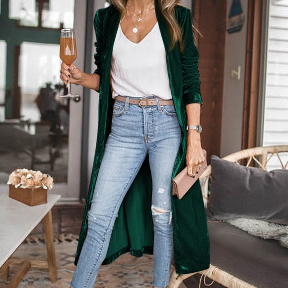 Green Velvet Open Front Pocketed Long Duster - Picture 3 of 4